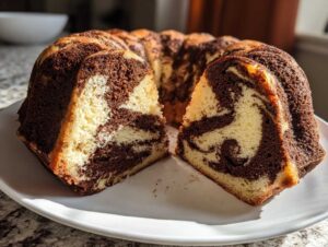 Przekrojona Babka marmurkowa na białym talerzu, ukazująca kontrastowe jasne i czekoladowe ciasto.