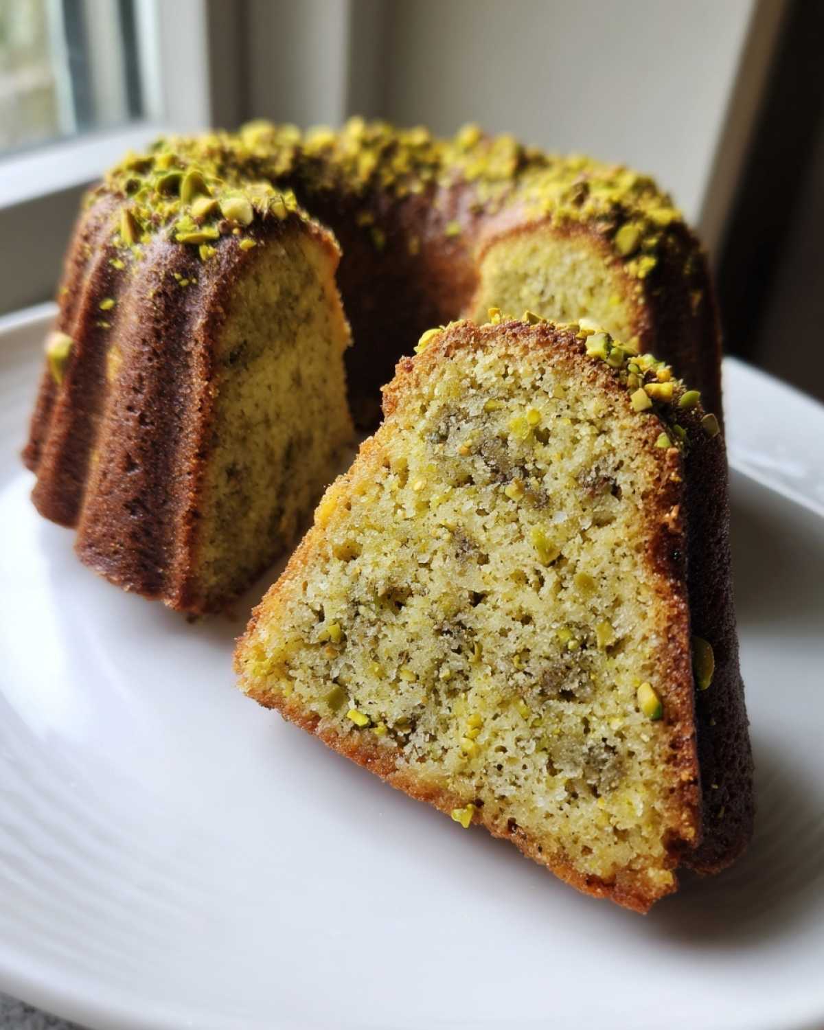 Zbliżenie na babkę pistacjową z wyciętym kawałkiem, posypaną posiekanymi pistacjami.