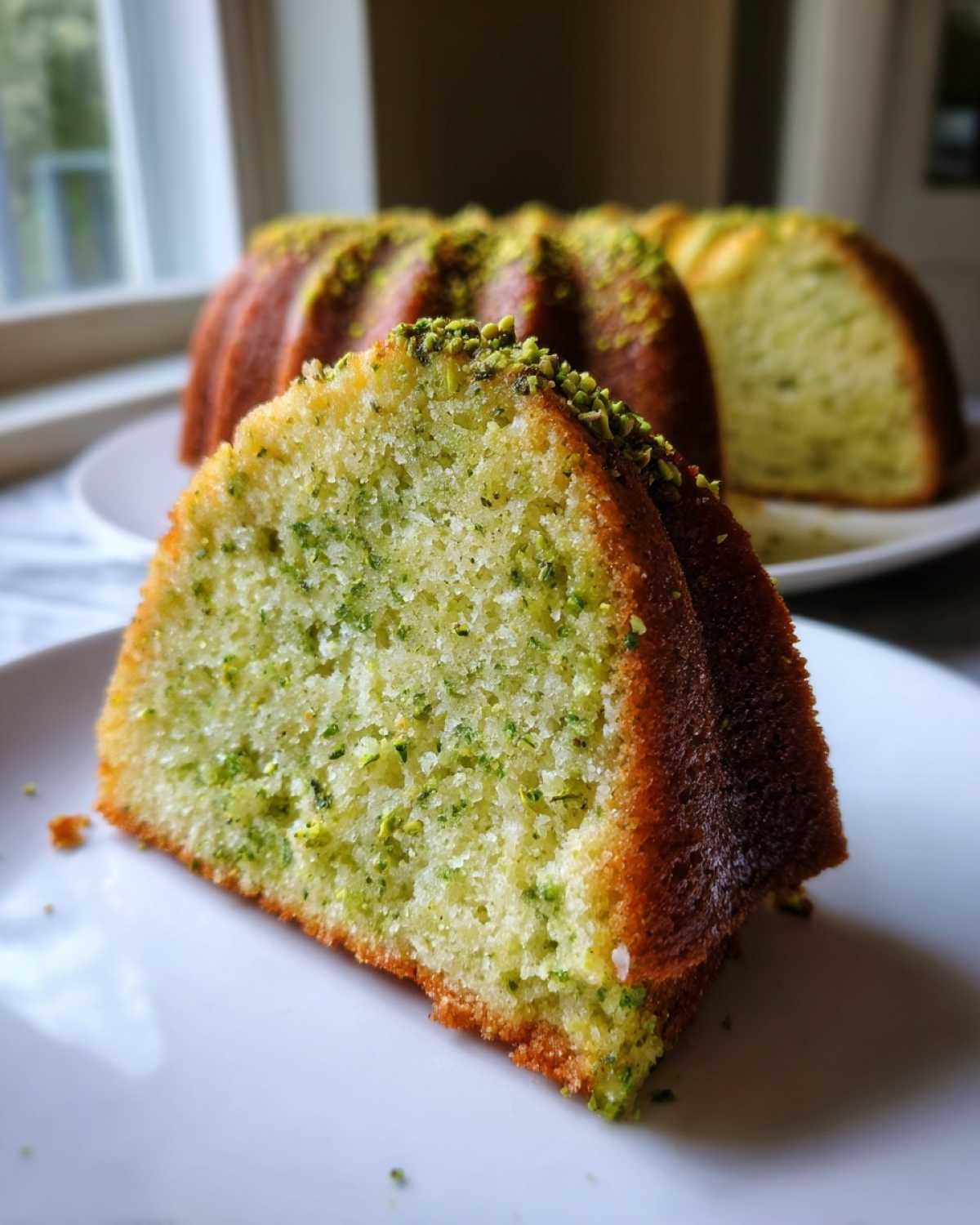 Zbliżenie na kawałek wilgotnej Babki pistacjowej z widocznymi zielonymi drobinkami pistacji.