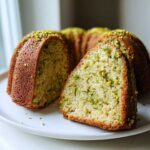 Przekrojona Babka pistacjowa na talerzu, widoczny wilgotny środek z kawałkami zielonych pistacji.