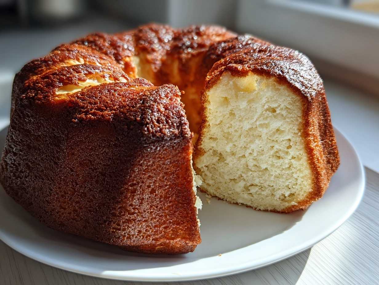 Babka serowa z rumianą skórką i puszystym wnętrzem, z którego wycięto jeden kawałek.
