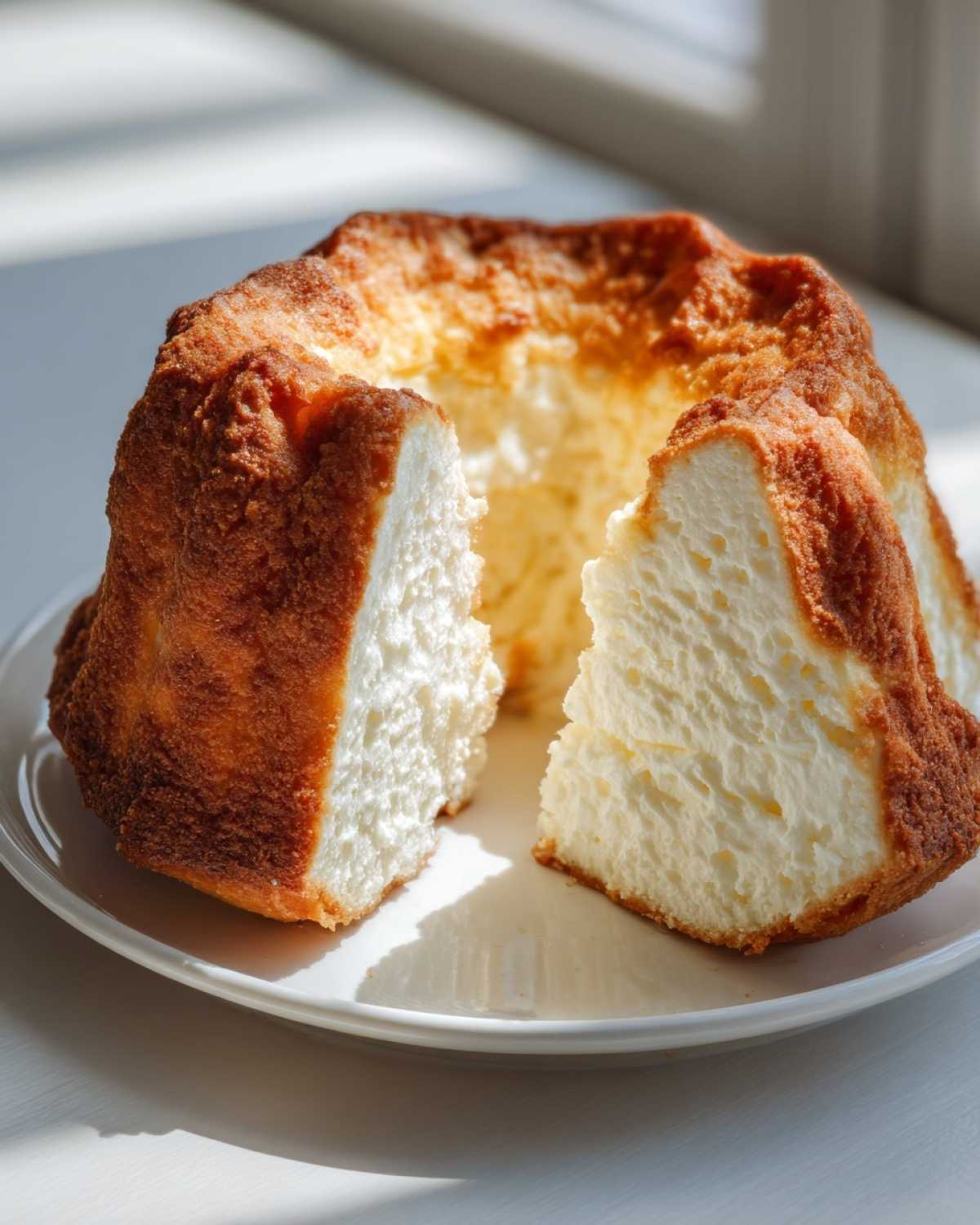 Przekrojona na pół puszysta babka serowa na białym talerzu, ukazująca jej białe, wilgotne wnętrze.