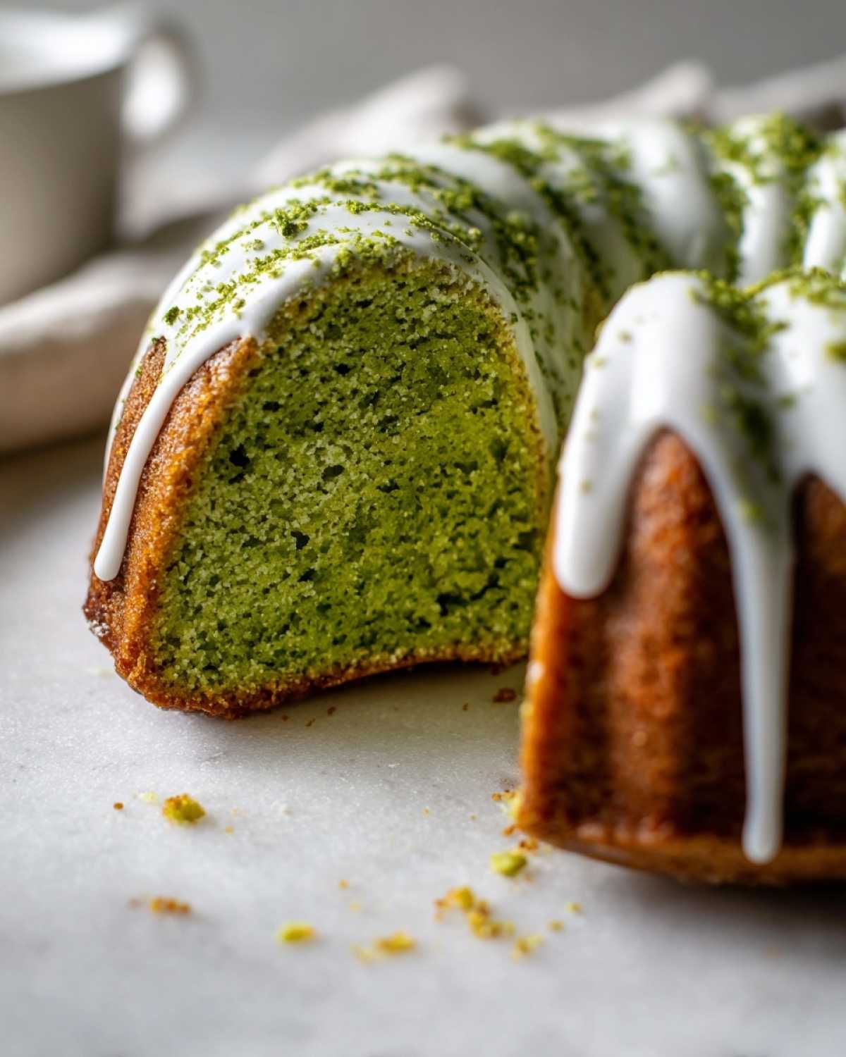 Zbliżenie na przekrój Babki z herbatą matcha z intensywnie zielonym wnętrzem i białym lukrem.