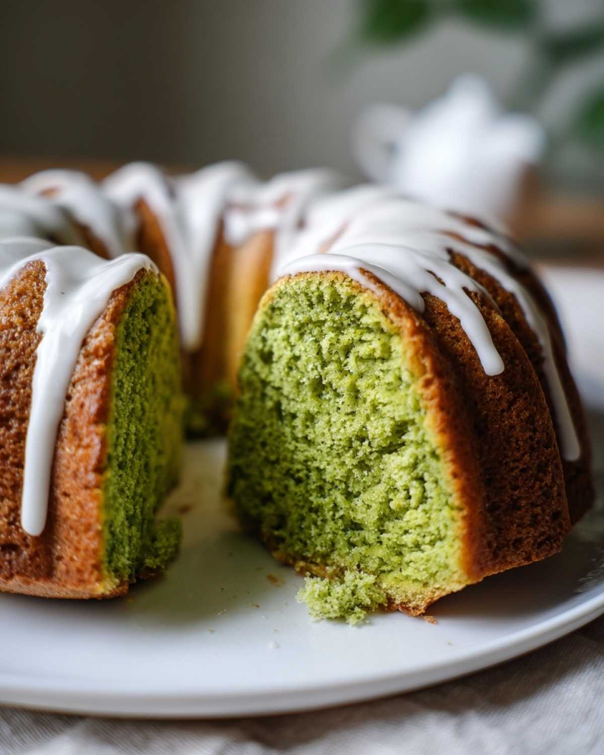 Zbliżenie na przekrojoną Babkę z herbatą matcha z intensywnie zielonym wnętrzem i białym lukrem.