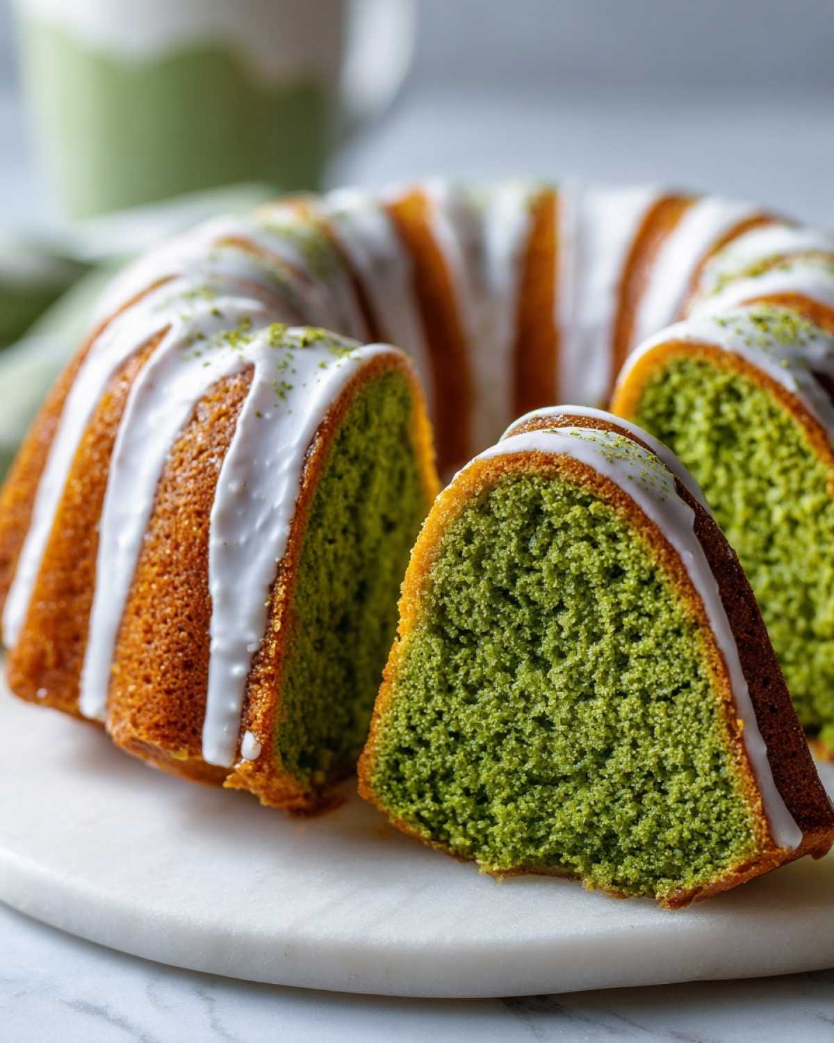 Zbliżenie na przekrojoną Babkę z herbatą matcha z intensywnie zielonym wnętrzem i białym lukrem.