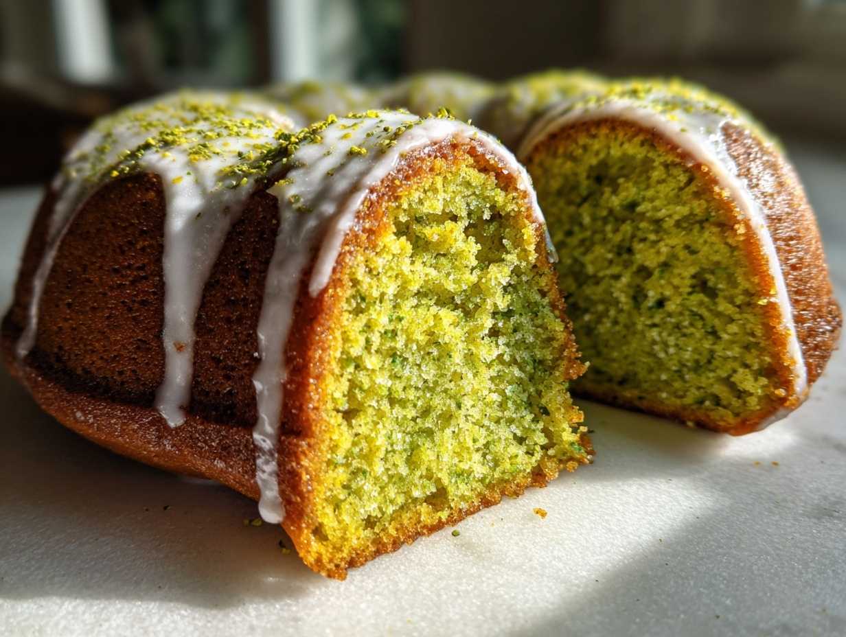 Przekrojona Babka z herbatą matcha z zielonym wnętrzem, polana białym lukrem i posypana pistacjami.