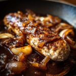 Zbliżenie na rumianą białą kiełbasę pieczoną w ciemnym sosie z karmelizowaną cebulką.