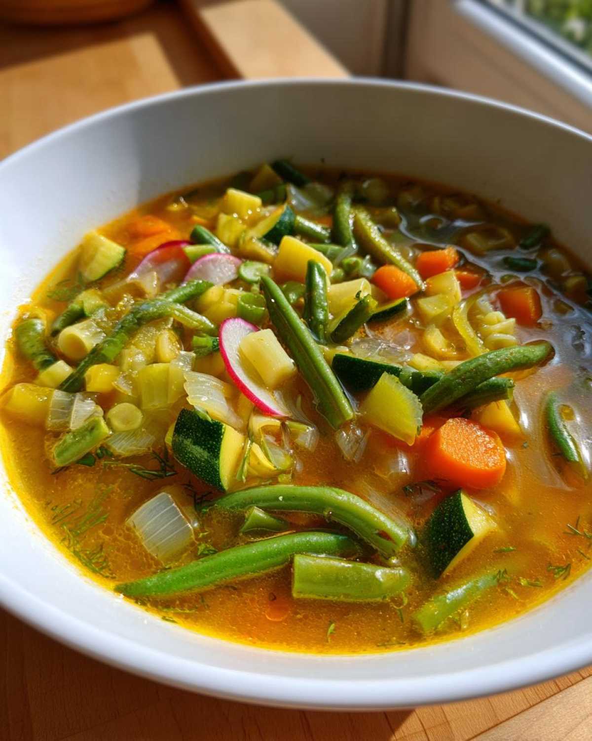 Zbliżenie na miskę Bogata wiosenna zupa minestrone pełna zielonych warzyw, marchewki i rzodkiewki.