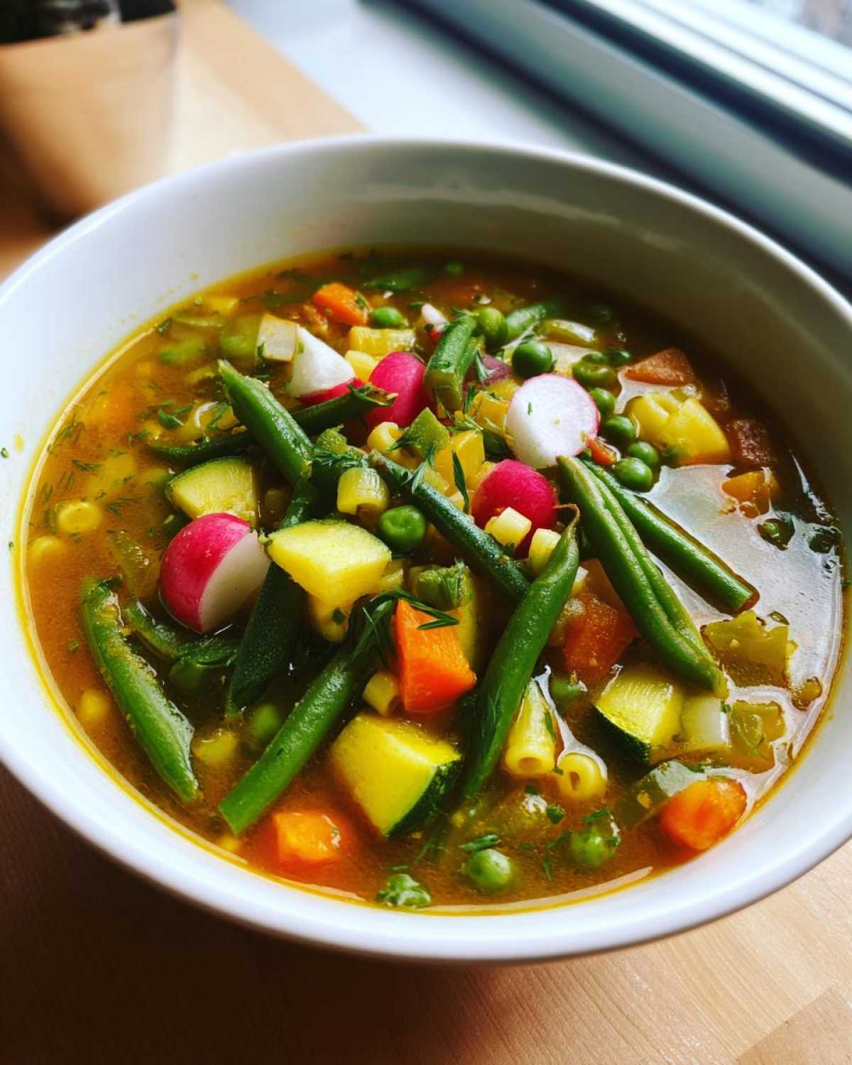 Zbliżenie na miskę Bogata wiosenna zupa minestrone pełna świeżych warzyw, w tym fasolki szparagowej i rzodkiewek.