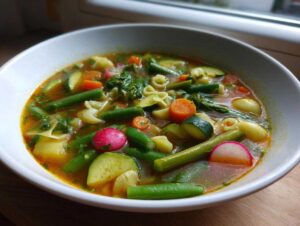 Zbliżenie na miskę Bogata wiosenna zupa minestrone pełna kolorowych warzyw i makaronu.