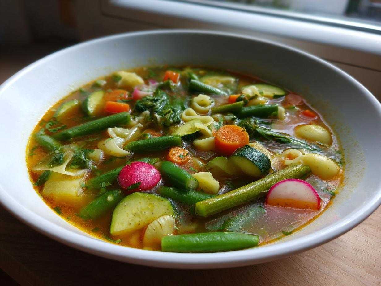 Zbliżenie na miskę Bogata wiosenna zupa minestrone pełna kolorowych warzyw i makaronu.