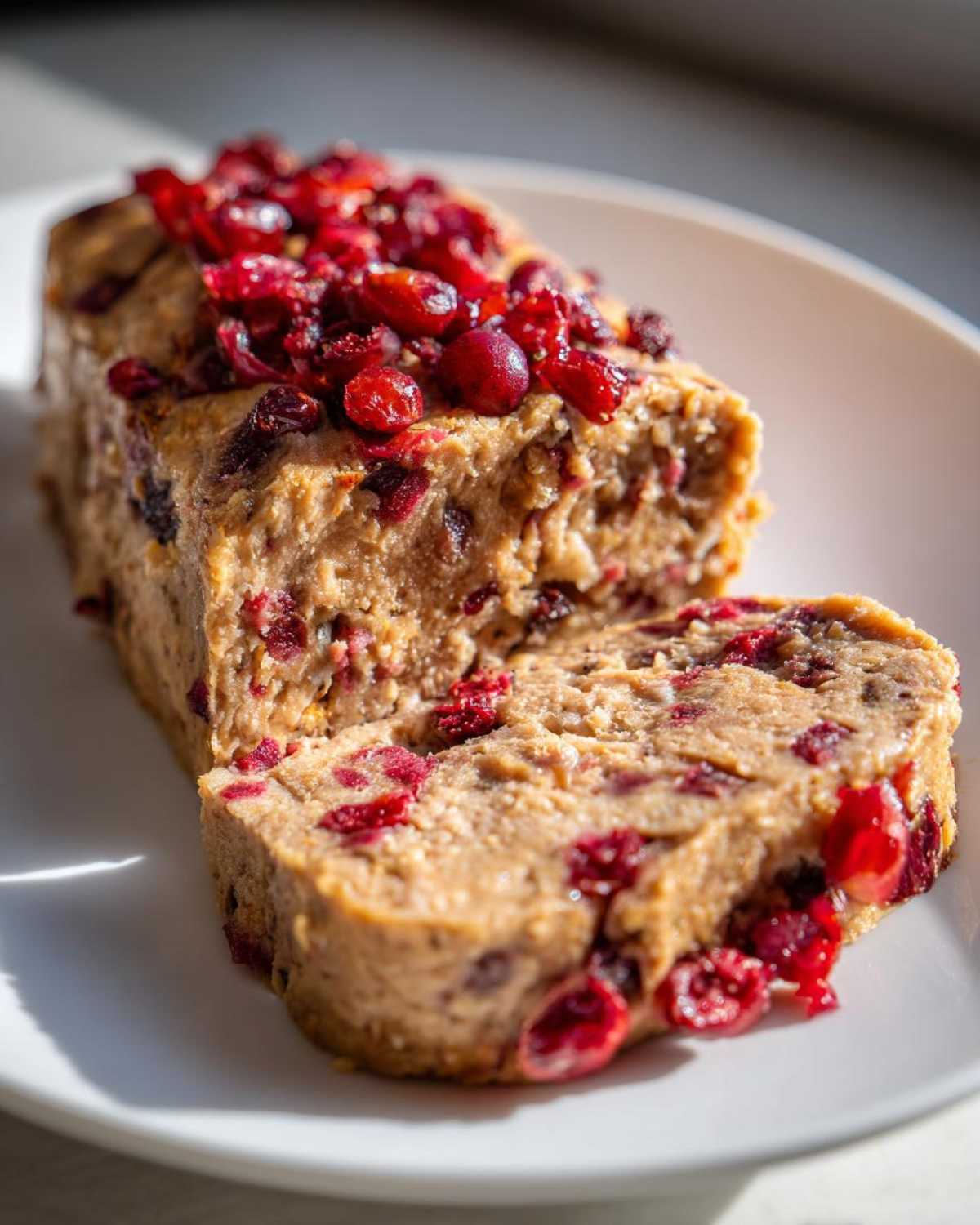 Przekrojony Domowy pasztet z królika z żurawiną, udekorowany suszoną żurawiną, na białym talerzu.