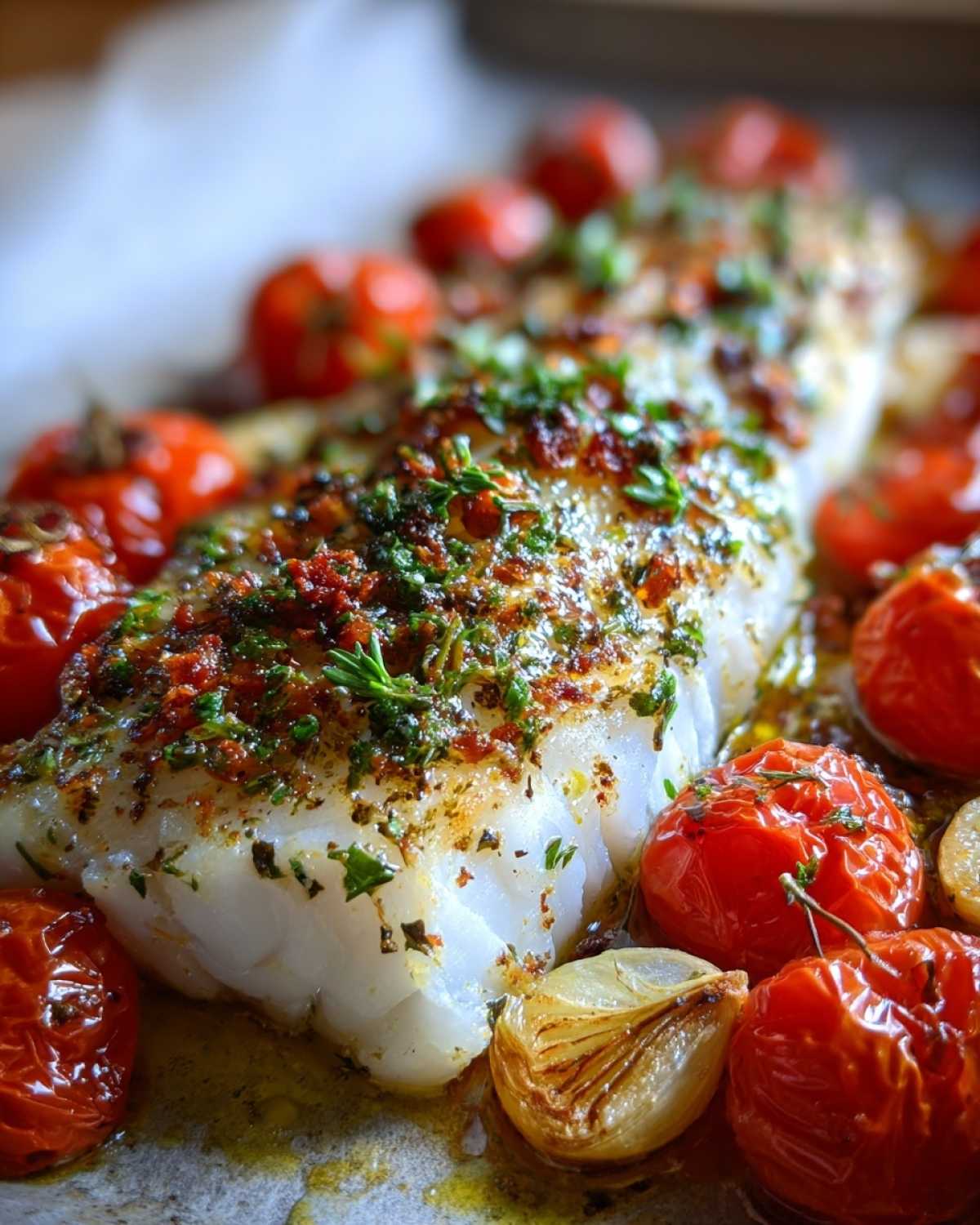 Zbliżenie na upieczony filet z dorsza zapiekanego po włosku, otoczony pieczonymi pomidorkami koktajlowymi i cebulą.