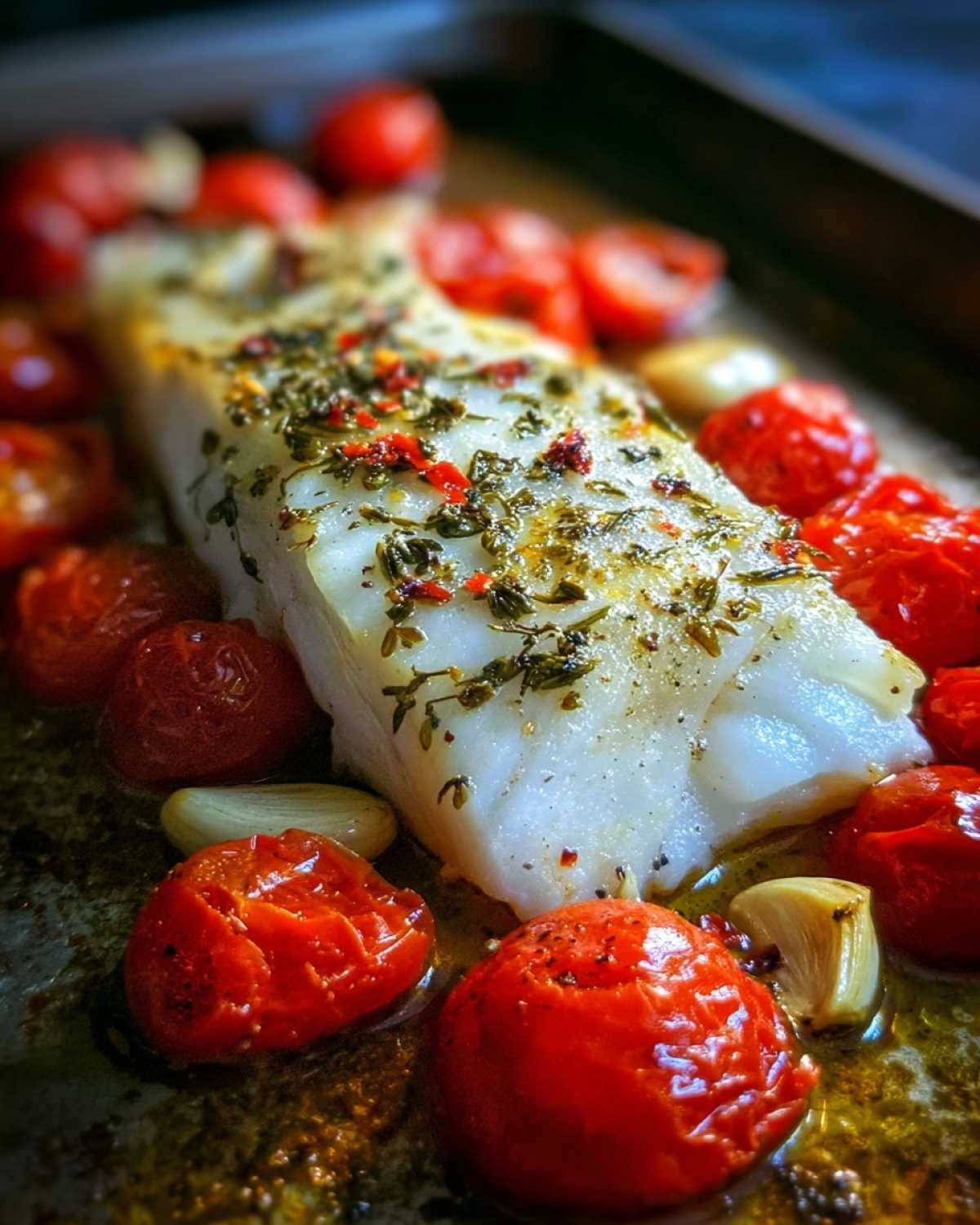 Surowy filet z dorsza przyprawiony ziołami i papryczką, otoczony pieczonymi pomidorkami i czosnkiem, gotowy do pieczenia – dorsz zapiekany po włosku.