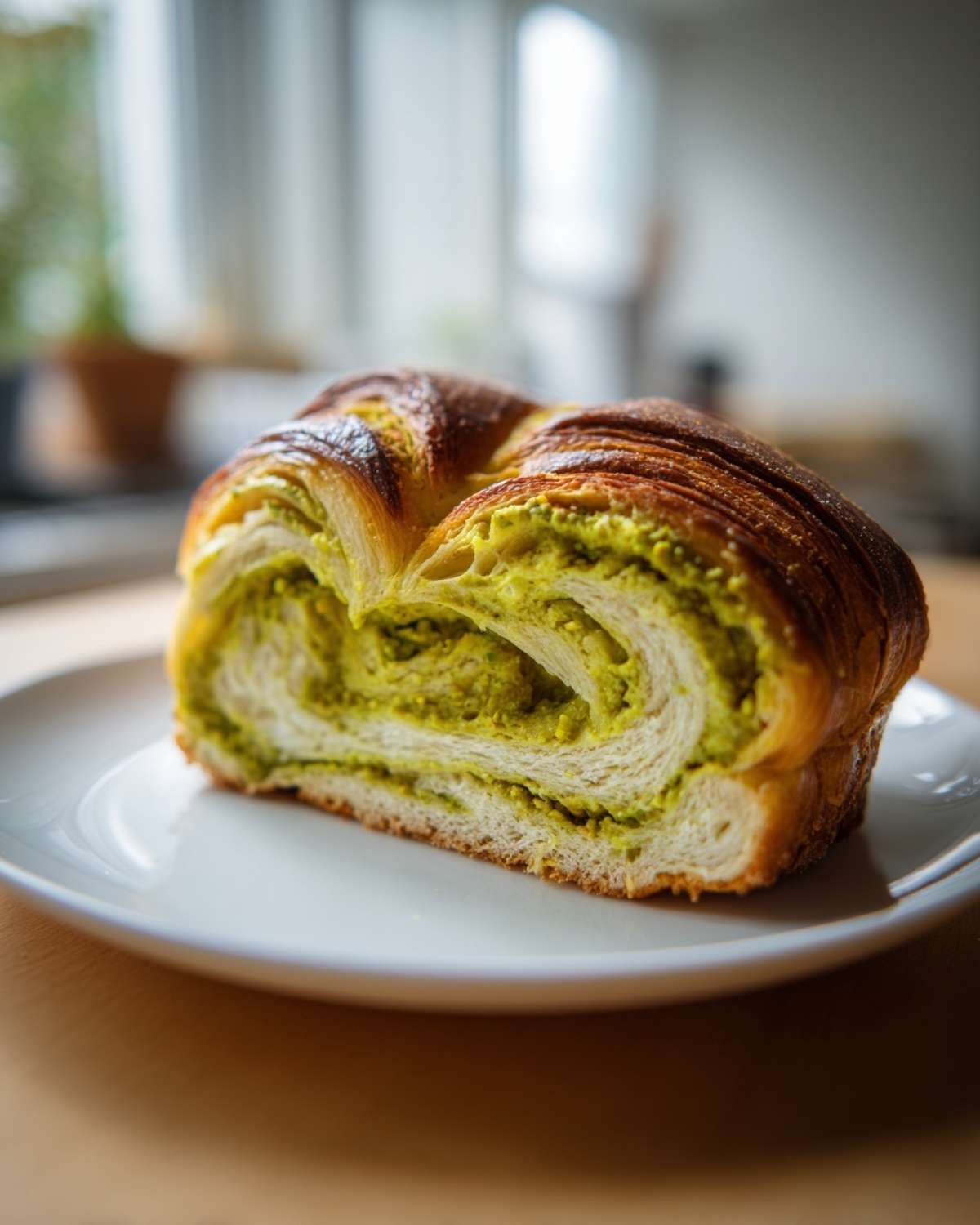 Zbliżenie na przekrój Drożdżowej gwiazdy z kremem pistacjowym, widoczne warstwy ciasta i zielone nadzienie.