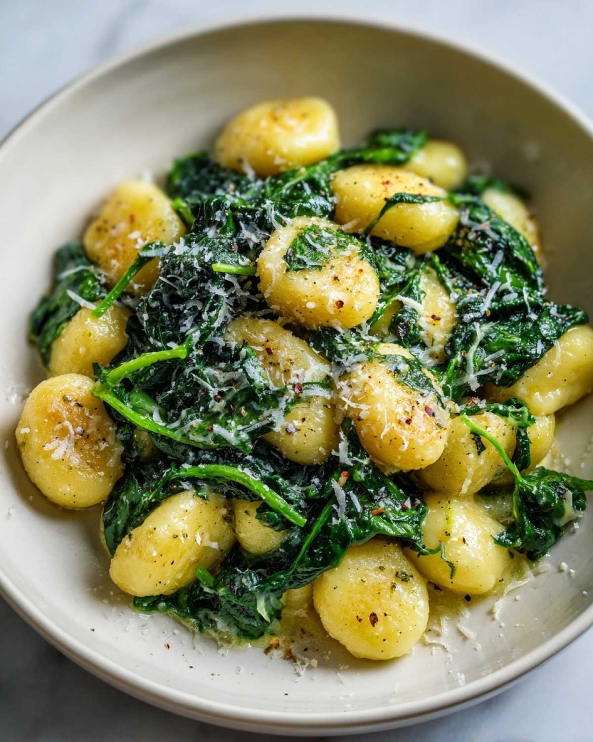 Zbliżenie na talerz z domowymi Gnocchi ze szpinakiem polane masłem i posypane tartym parmezanem.