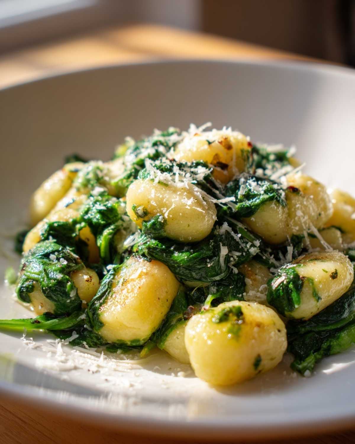 Zbliżenie na talerz z domowymi Gnocchi ze szpinakiem polane oliwą i posypane tartym parmezanem.