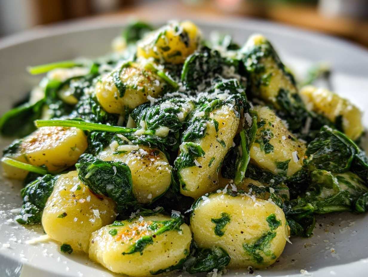 Zbliżenie na talerz pełen Gnocchi ze szpinakiem, polane sosem i posypane tartym serem.