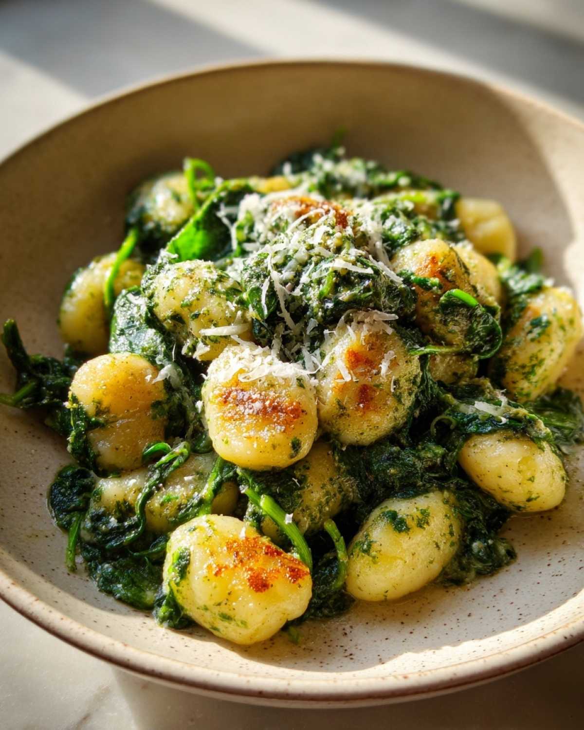 Zbliżenie na talerz pełen Gnocchi ze szpinakiem, polane sosem i posypane startym parmezanem.