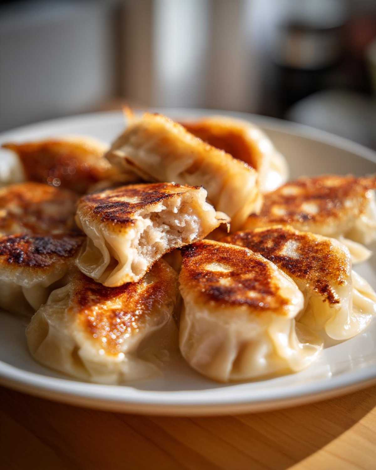 Zbliżenie na usmażone japońskie pierożki gyoza z wieprzowiną i kapustą na białym talerzu.