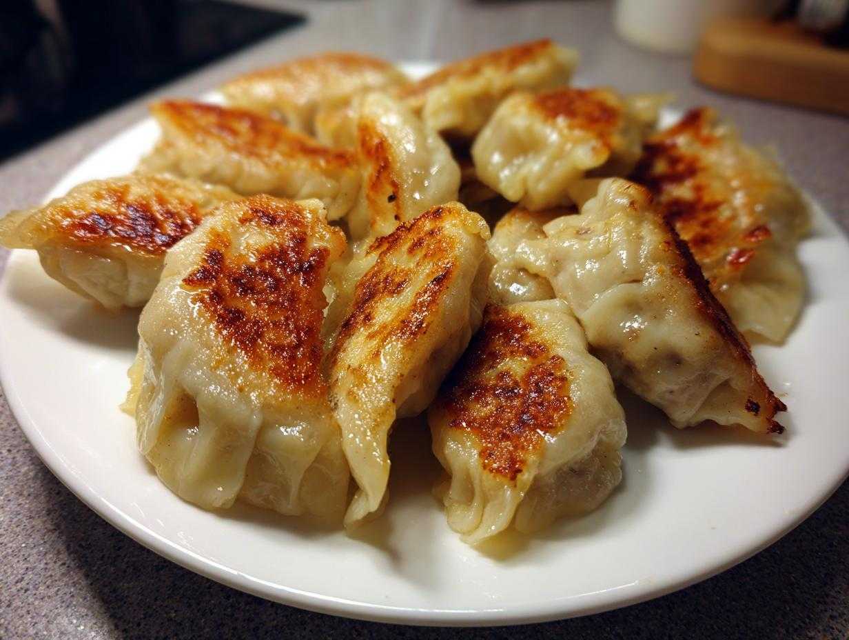 Talerz pełen podsmażonych Japońskich pierożków gyoza z wieprzowiną i kapustą, złocistych na spodzie.