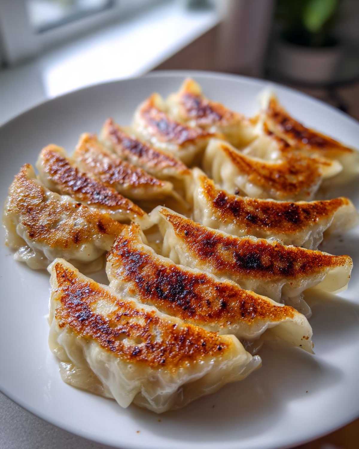 Złociste, podsmażone Japońskie pierożki gyoza z wieprzowiną i kapustą ułożone na białym talerzu.