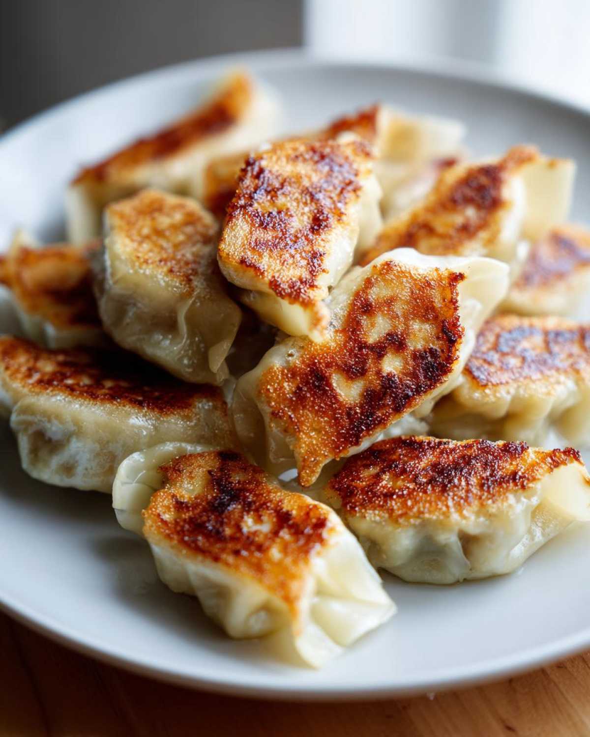 Zbliżenie na talerz pełen usmażonych Japońskich pierożków gyoza z wieprzowiną i kapustą, ze złocistym spodem.