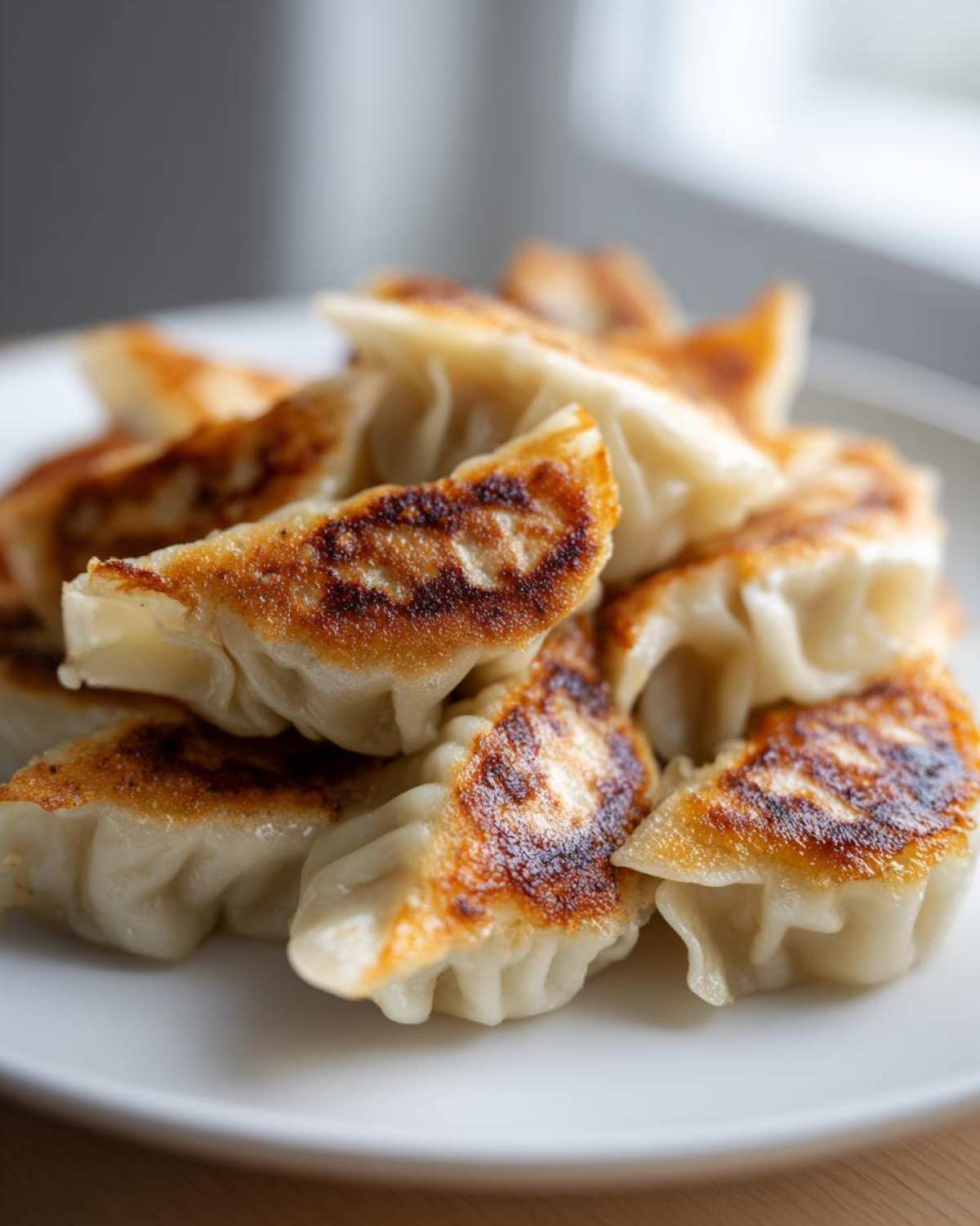 Zbliżenie na talerz pełen podsmażanych Japońskich pierożków gyoza z wieprzowiną i kapustą, ze złocistym, chrupiącym spodem.