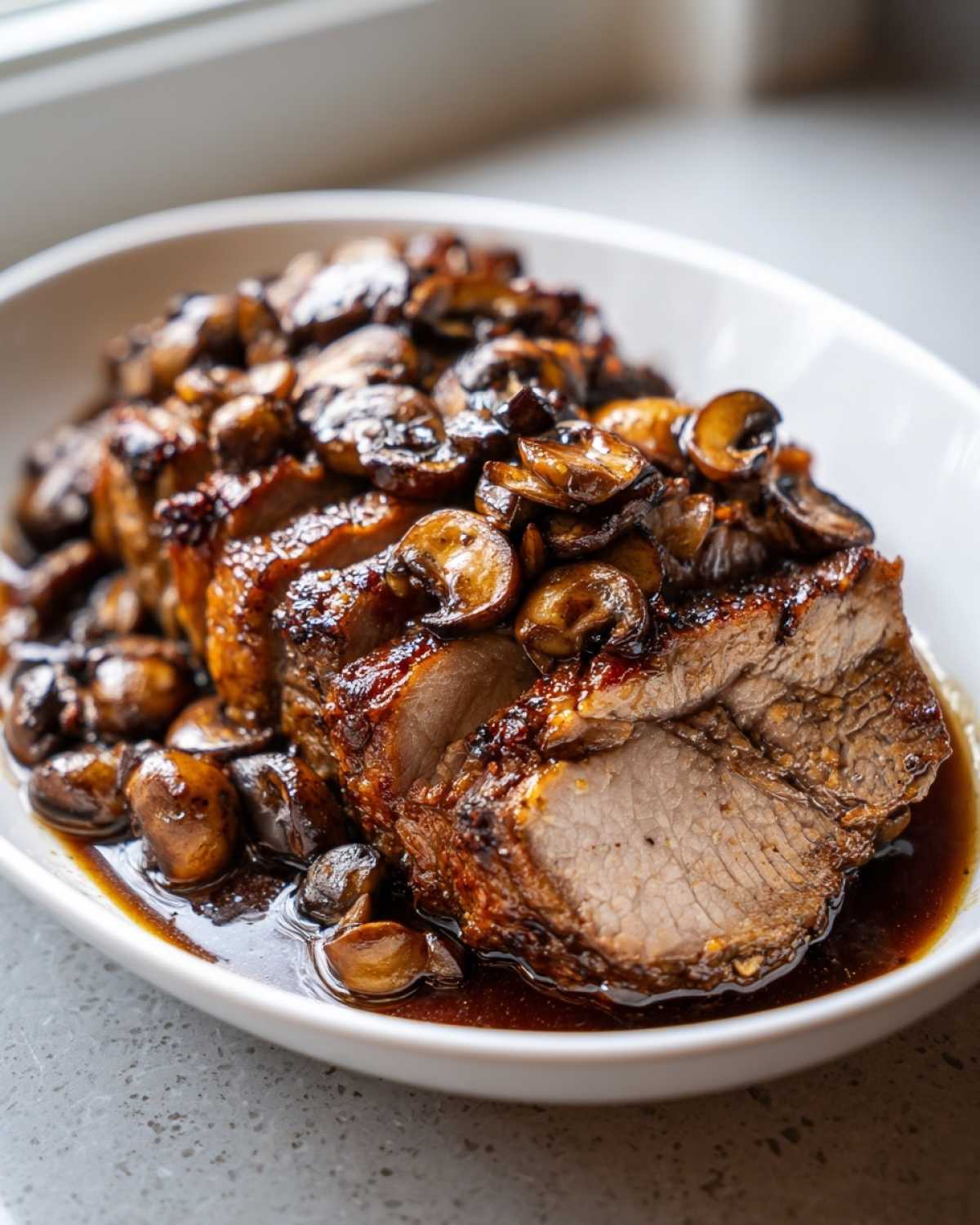 Karkówka pieczona z pieczarkami pokrojona w plastry, podana w sosie w białym naczyniu.