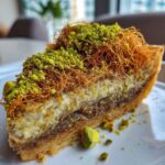 Zbliżenie na kawałek Mazurka dubajskiego z warstwami kremu, orzechów i wierzchem z cienkiego ciasta kataifi i pistacji.