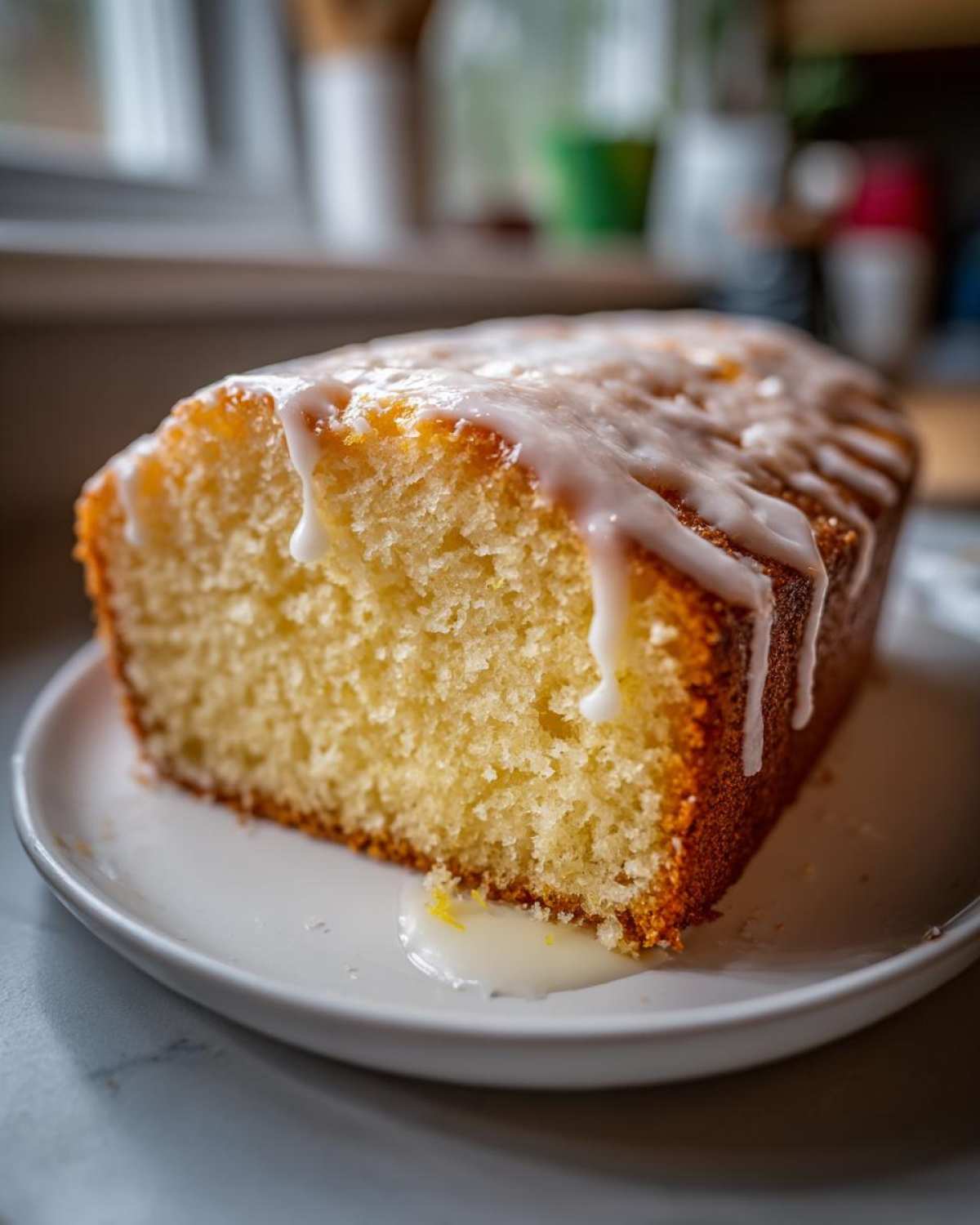 Zbliżenie na pokrojony kawałek Klasyczna babka piaskowa z lukrem cytrynowym, polana białym lukrem.