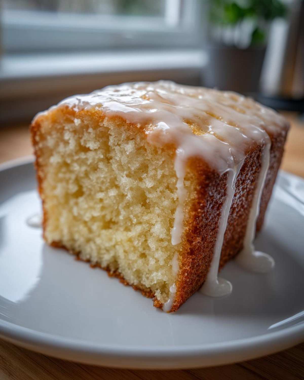Kawałek puszystej Klasyczna babka piaskowa z lukrem cytrynowym na białym talerzyku.