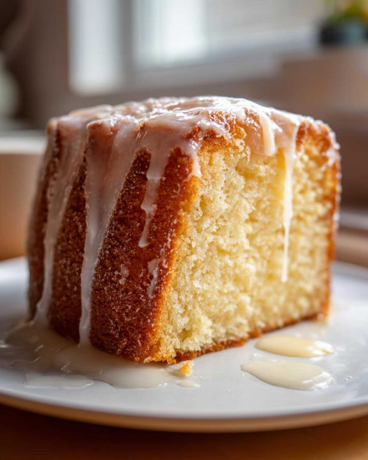Zbliżenie na kawałek wilgotnej Klasyczna babka piaskowa z lukrem cytrynowym spływającym po bokach.