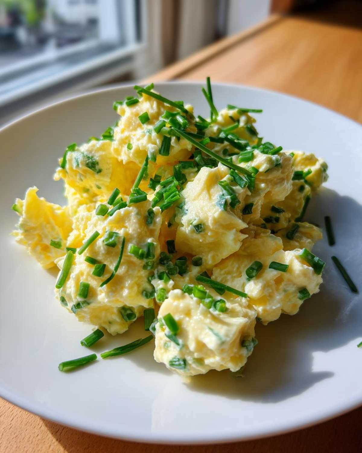 Porcja klasycznej pasty jajecznej ze szczypiorkiem, podana na białym talerzu w świetle dziennym.