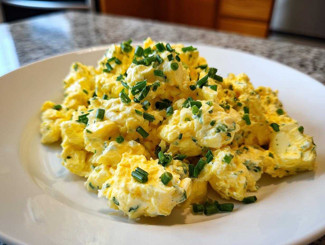 Zbliżenie na porcję Klasyczna pasta jajeczna ze szczypiorkiem, obficie posypana świeżym szczypiorkiem.