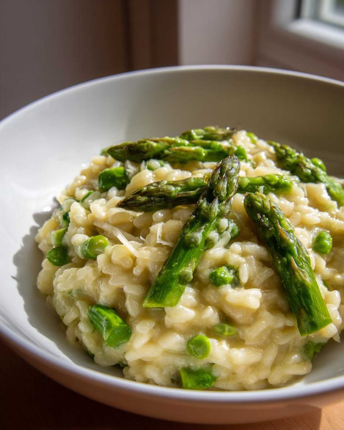 Zbliżenie na kremowe risotto ze szparagami i groszkiem, udekorowane szparagami.