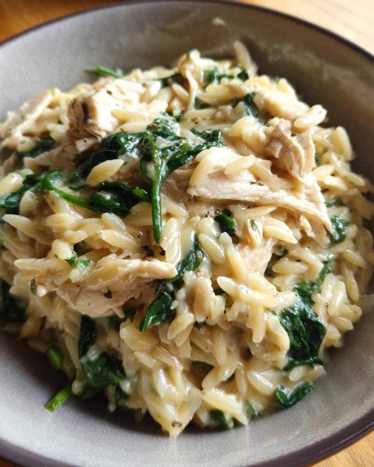 Zbliżenie na miskę kremowego makaronu orzo ze szpinakiem i kawałkami kurczaka, gotowe do podania.