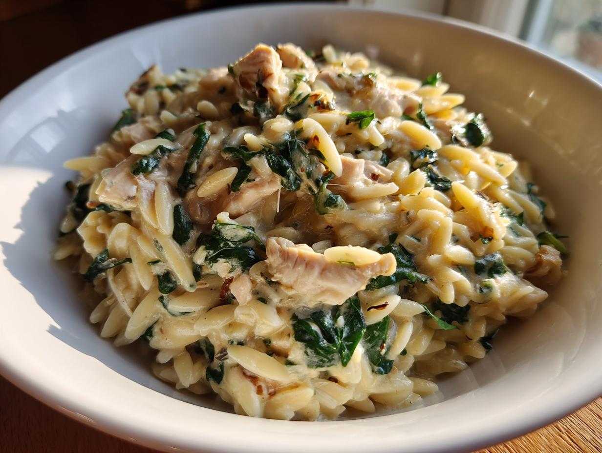 Zbliżenie na miskę kremowego makaronu orzo ze szpinakiem i kawałkami kurczaka, podane w jasnym świetle.