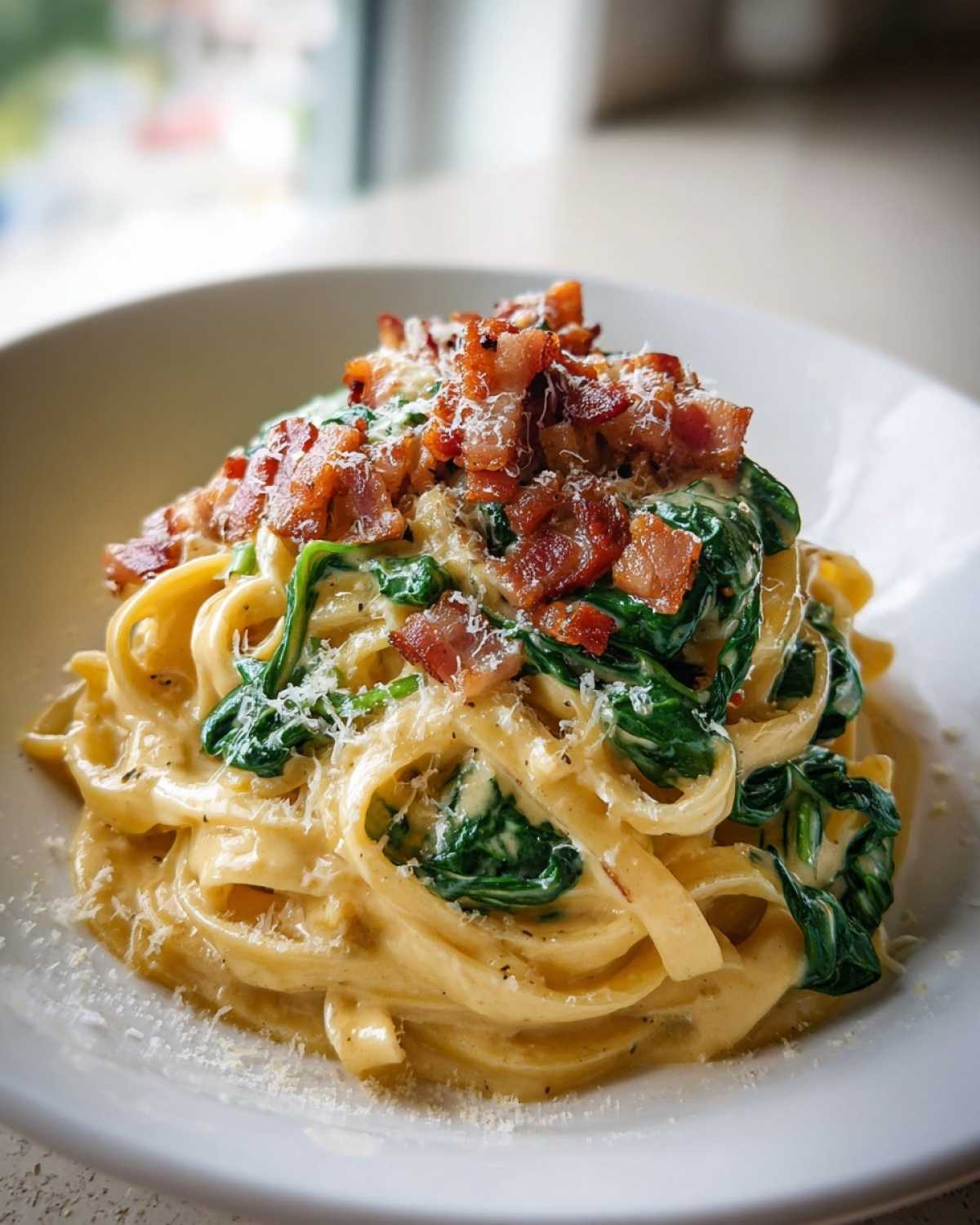 Zbliżenie na talerz z makaronem z boczkiem i szpinakiem w kremowym sosie, posypany parmezanem.