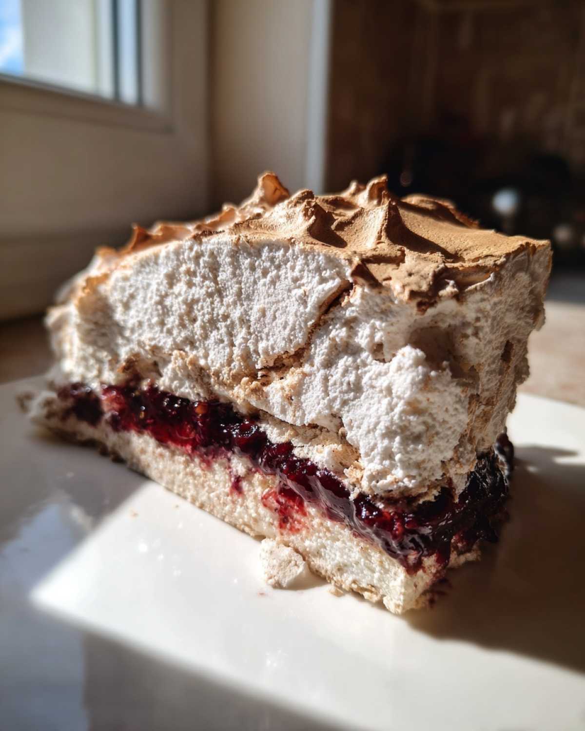 Zbliżenie na kawałek Mazurka z bezą i powidłami, z grubą warstwą bezy i ciemnym dżemem.
