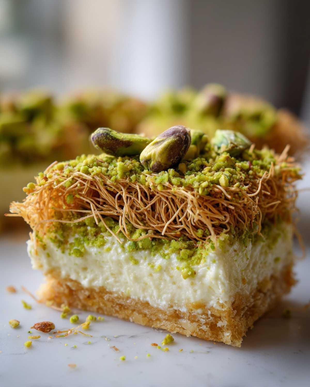 Zbliżenie na kawałek Mazurka dubajskiego z kremowym nadzieniem i wierzchem z cienkiego ciasta i pistacji.