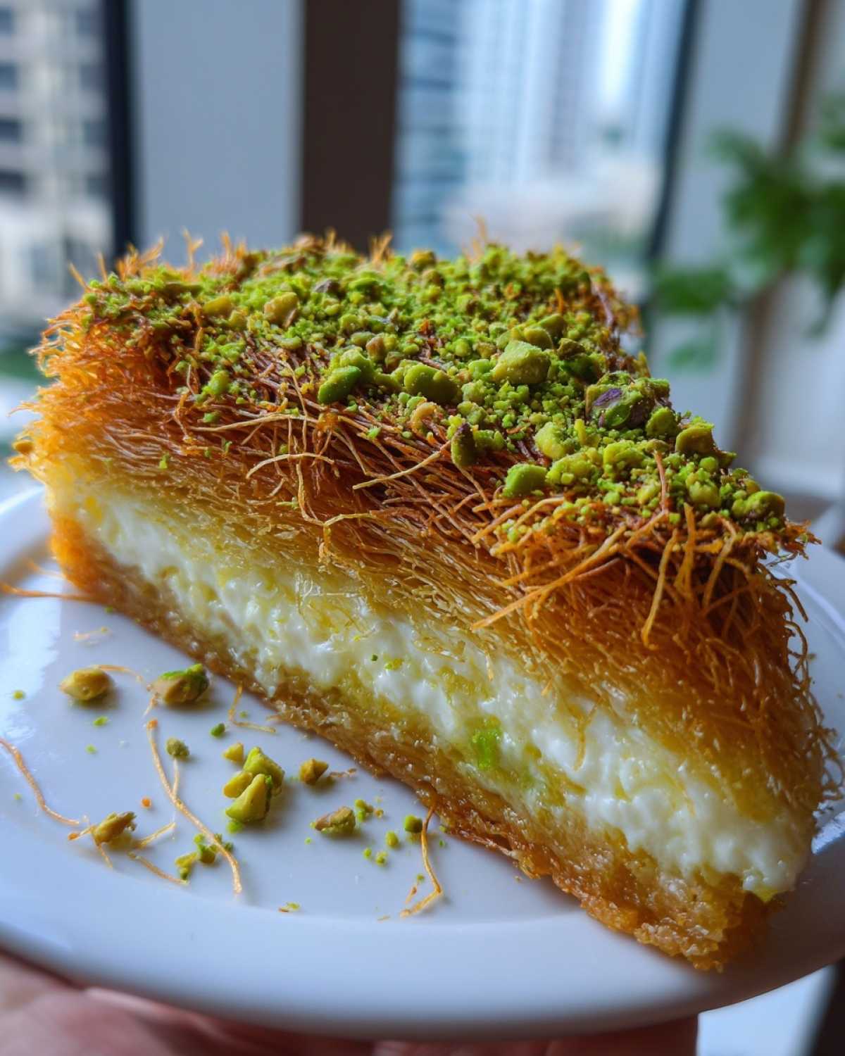 Kawałek Mazurka dubajskiego z kremowym nadzieniem, wierzch pokryty prażonymi nitkami ciasta i posiekanymi pistacjami.