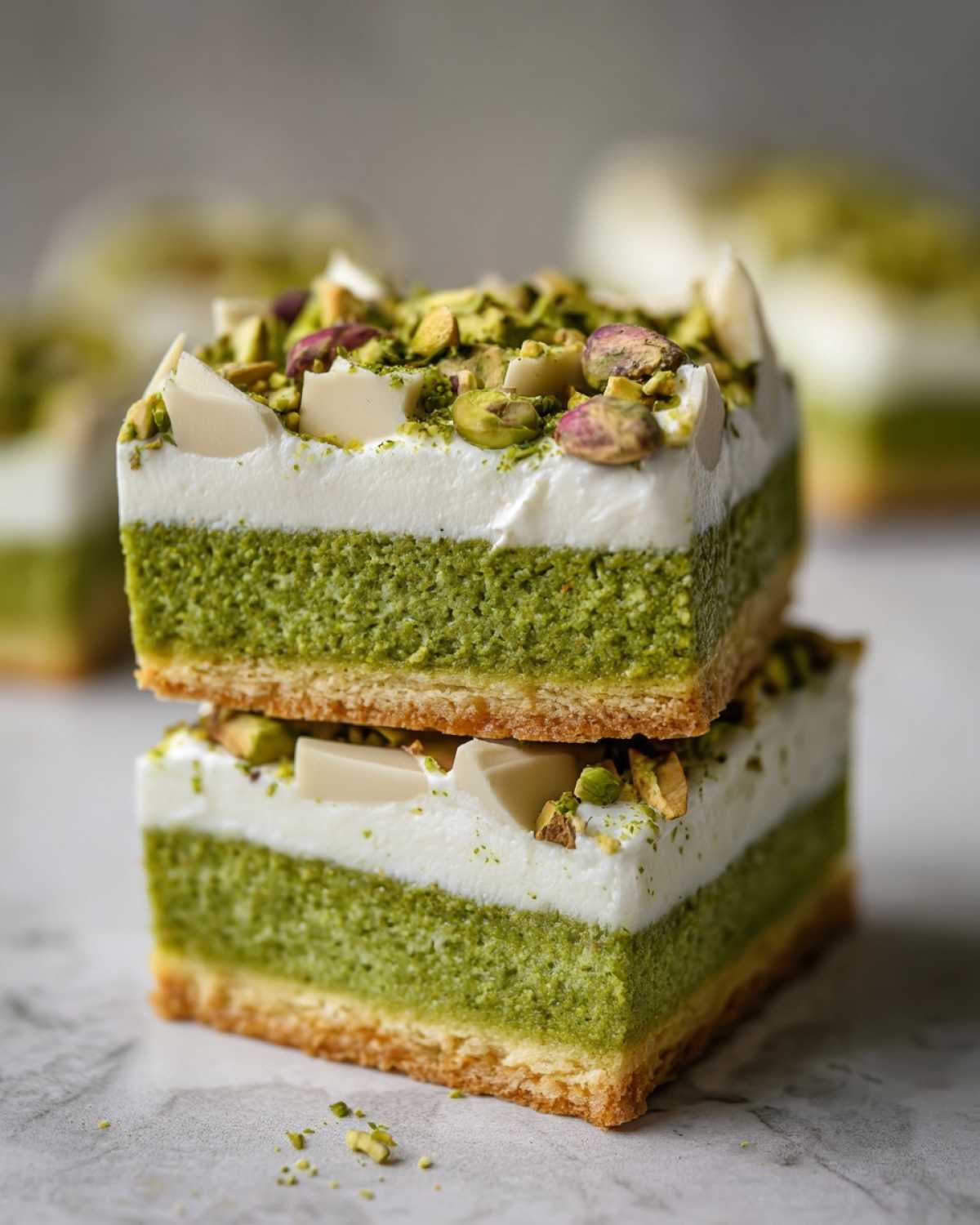 Dwa ułożone jeden na drugim kawałki Mazurka pistacjowego z mascarpone, udekorowane pistacjami.