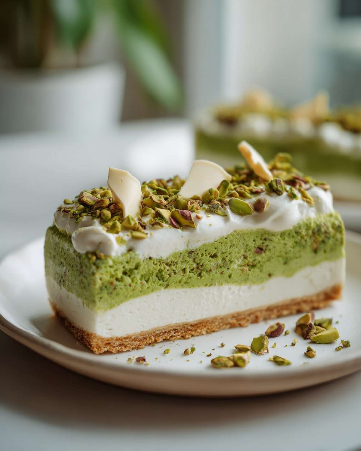 Kawałek Mazurka pistacjowego z mascarpone na białym talerzyku, udekorowany bitą śmietaną i pistacjami.
