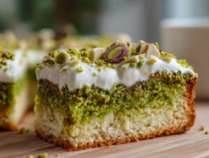 Zbliżenie na kawałek Mazurka pistacjowego z mascarpone, z zieloną warstwą pistacjową i białą polewą.