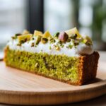 Przekrój puszystego Mazurka pistacjowego z mascarpone, udekorowanego pistacjami i kawałkami białej czekolady.
