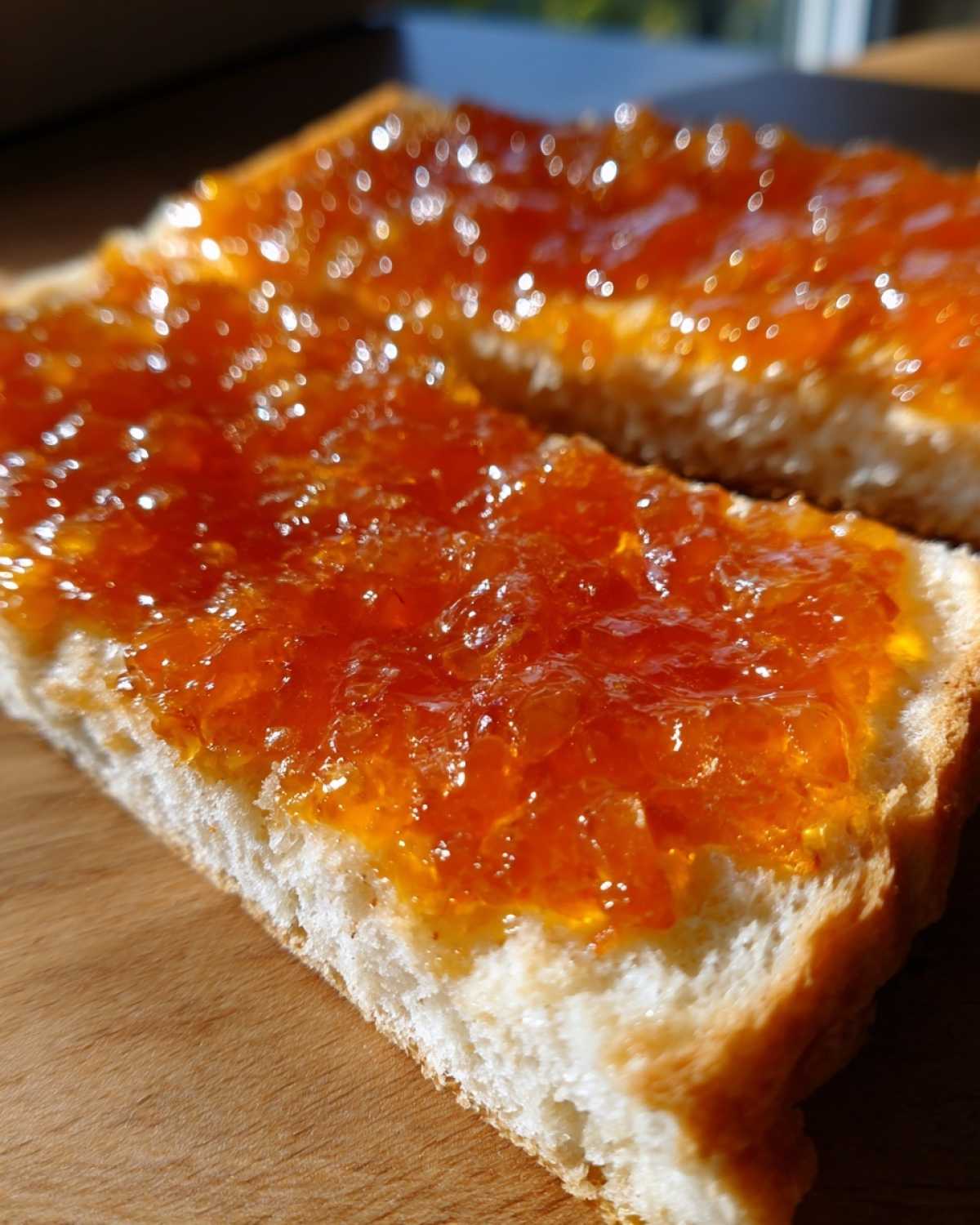 Zbliżenie na kawałki białego ciasta posmarowane błyszczącym, pomarańczowym dżemem, przypominającym Mazurek pomarańczowy.