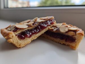 Dwa kawałki Mazurka różanego z grubą warstwą dżemu i migdałami na wierzchu, przekrojone na pół.