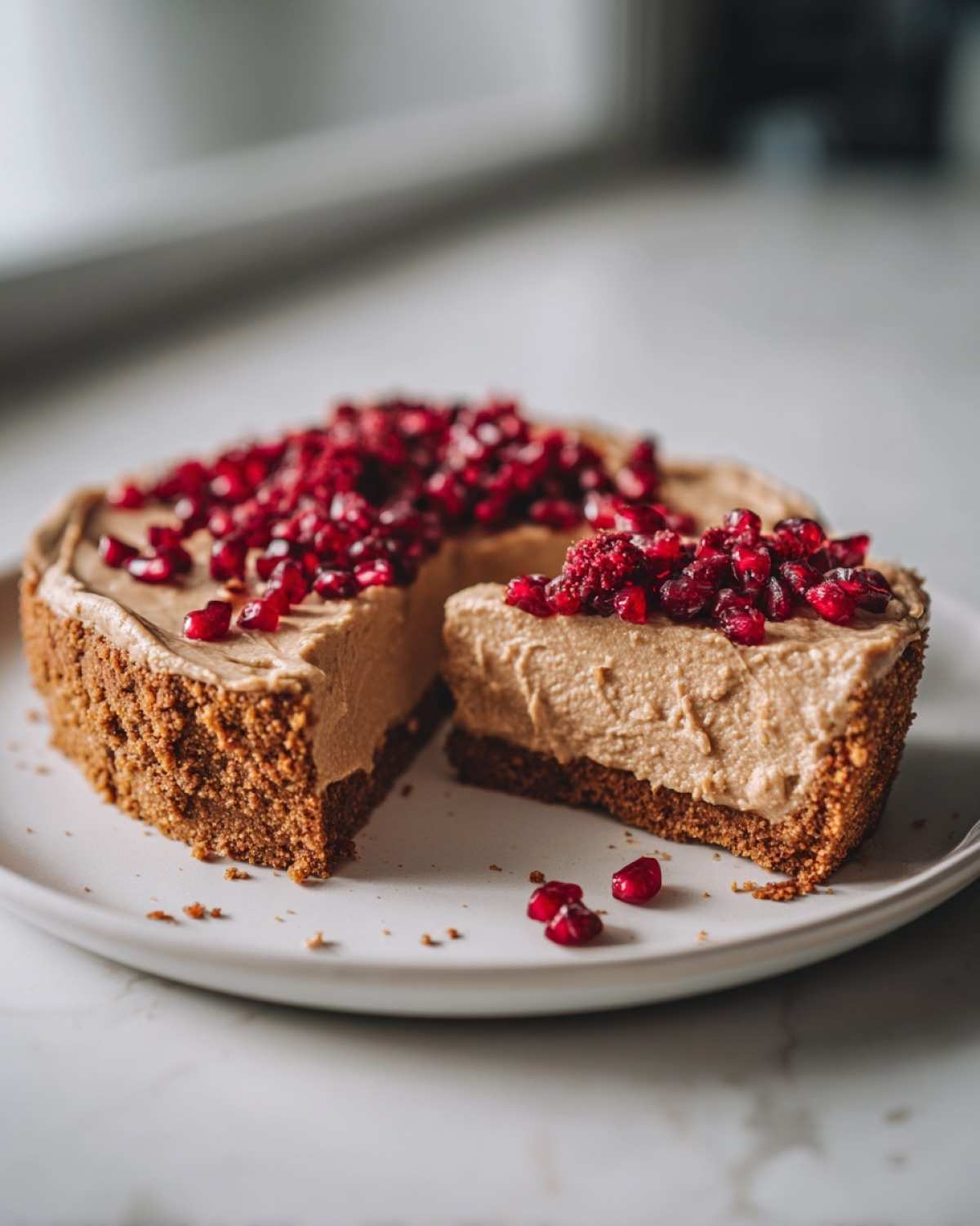 Kawałek kremowego Mazurka tahini z granatem na białym talerzu, widoczny gruby spód.