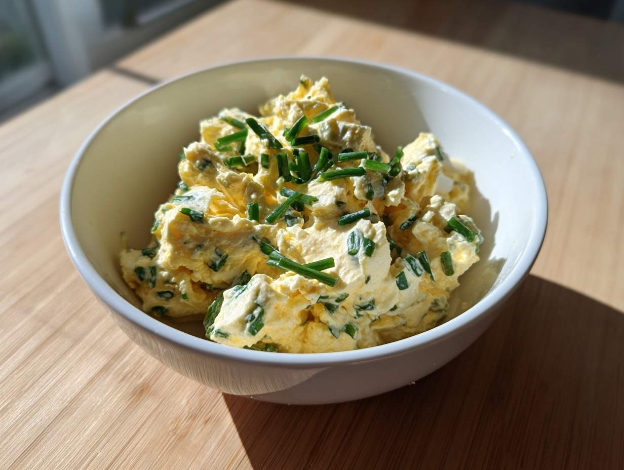 Kremowa pasta z jajek ze szczypiorkiem w białej misce na drewnianym blacie.